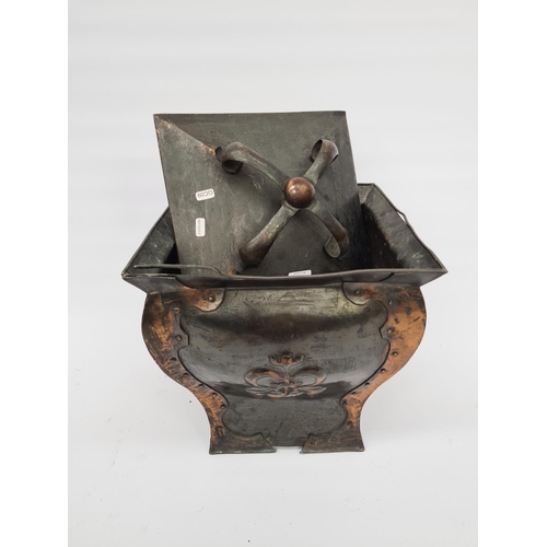 64 - AN ART NOUVEAU COPPER COAL BIN WITH HAND RIVETED SIDES, EMBOSSED CENTRES AND CROWN SHAPED TOP - MEAS... 