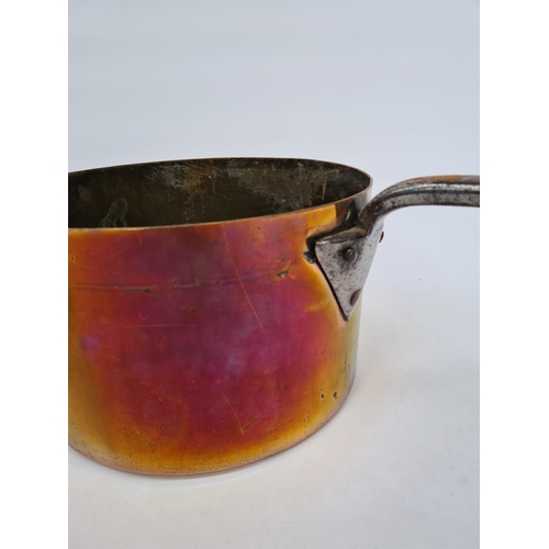 63 - A LARGE ANTIQUE COPPER SAUCEPAN WITH IMPRESSED H.D.P MARK, STEEL HANDLE AND SIMILAR LID WITH F.LAMBE... 