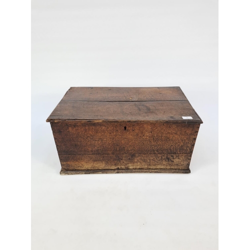 74 - A 19TH CENTURY OAK MINIATURE CHEST WITH INNER CANDLE BOX  - MEASURING APPROX. HEIGHT 30CM, WIDTH 62C... 