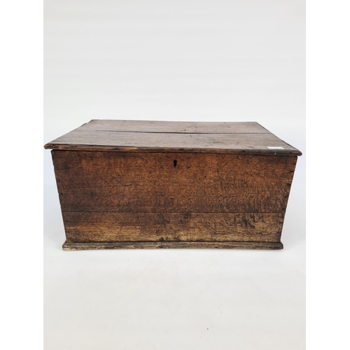 74 - A 19TH CENTURY OAK MINIATURE CHEST WITH INNER CANDLE BOX  - MEASURING APPROX. HEIGHT 30CM, WIDTH 62C... 