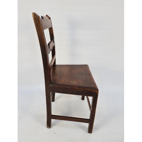 58 - AN 18TH CENTURY ELM AND OAK COUNTRY SIDE CHAIR WITH LOWER STRETCHERS AND CARVED MOUSTACHE BACK - MEA... 