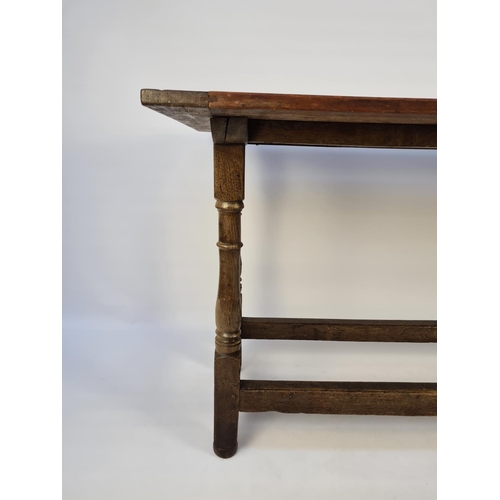 42 - AN EARLY 19TH CENTURY OAK AND ELM RECTANGULAR REFECTORY DINING TABLE WITH LOWER STRETCHERS AND THREE... 