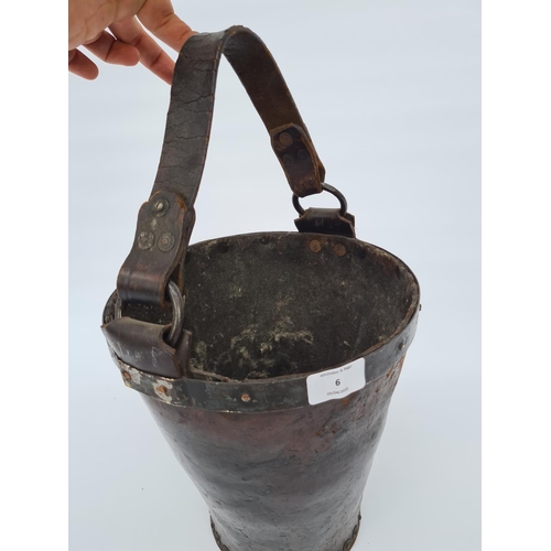 47 - A GOOD QUALITY 19TH CENTURY LEATHER PEAT BUCKET WITH ORIGINAL BRASS AND COPPER RIVETS AND HAND TOOLE... 