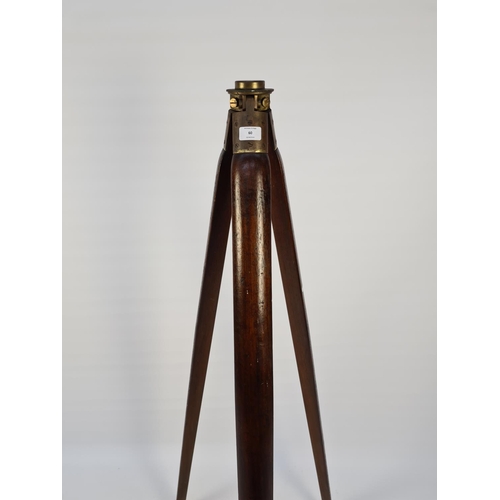 44 - AN EARLY 20TH CENTURY MAHOGANY THEODOLITE TRIPOD STAND - MEASURING APPROX. HEIGHT 150CM