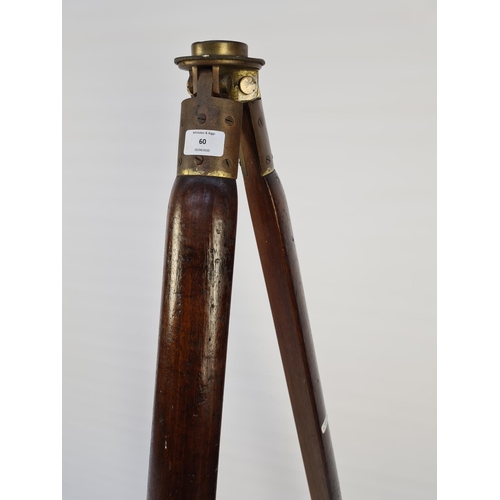 44 - AN EARLY 20TH CENTURY MAHOGANY THEODOLITE TRIPOD STAND - MEASURING APPROX. HEIGHT 150CM