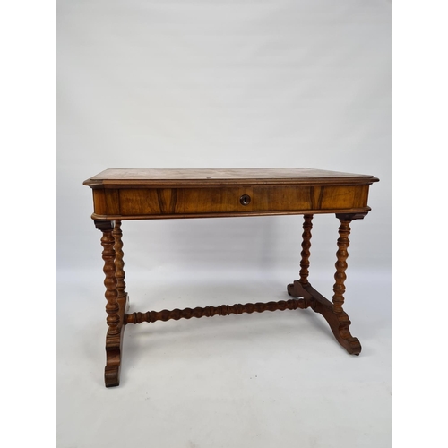 67 - A VICTORIAN WALNUT WRITING TABLE WITH SINGLE DRAWER AND BOBBIN TURNED LEGS AND LOWER BOBBIN STRETCHE... 