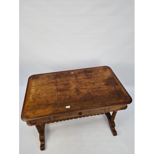 67 - A VICTORIAN WALNUT WRITING TABLE WITH SINGLE DRAWER AND BOBBIN TURNED LEGS AND LOWER BOBBIN STRETCHE... 