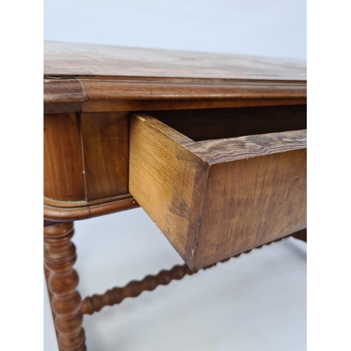 67 - A VICTORIAN WALNUT WRITING TABLE WITH SINGLE DRAWER AND BOBBIN TURNED LEGS AND LOWER BOBBIN STRETCHE... 