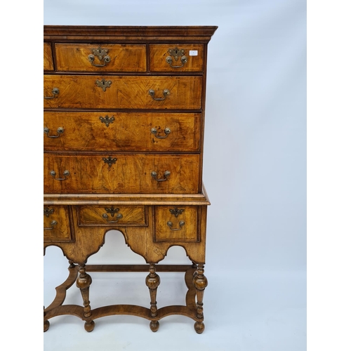 66 - AN EARLY 18TH CENTURY QUEEN ANNE WALNUT CHEST ON STAND WITH HERRINGBONE BANDING TO DRAWERS, SOLID WA... 