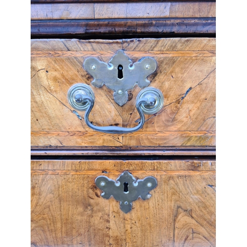 66 - AN EARLY 18TH CENTURY QUEEN ANNE WALNUT CHEST ON STAND WITH HERRINGBONE BANDING TO DRAWERS, SOLID WA... 