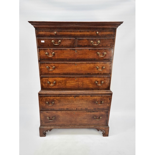 72 - A GEORGE III OAK CHEST ON CHEST WITH TWO SHORT OVER THREE LONG DRAWERS TO THE UPPER HALF AND A FURTH... 