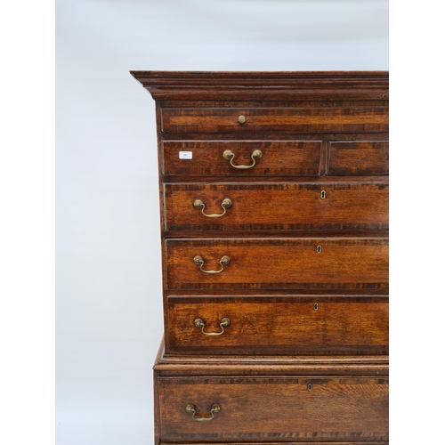 72 - A GEORGE III OAK CHEST ON CHEST WITH TWO SHORT OVER THREE LONG DRAWERS TO THE UPPER HALF AND A FURTH... 