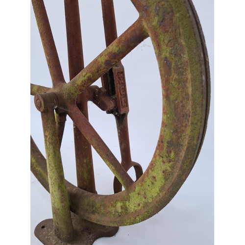 9 - A VINTAGE HUB CAST IRON FOOT POWERED WATCHMAKER'S LATHE TREADLE WHEEL - MEASURING APPROX. HEIGHT 62C... 