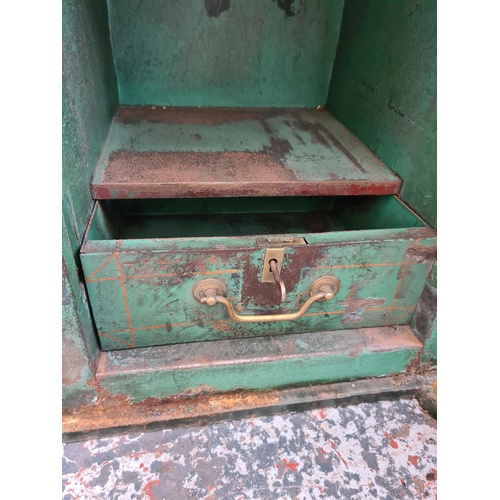 52 - A 19TH CENTURY T.WITHERS & SONS LTD. OF WEST BROMWICH GREEN PAINTED CAST IRON SAFE WITH KEY - MEASUR... 