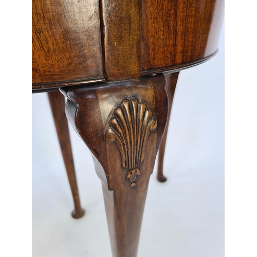 54 - A BURR WALNUT QUEEN ANNE STYLE FOUR LEGGED HALF MOON HALL/CARD TABLE WITH GREEN BAIZE TOP, CONCEALED... 