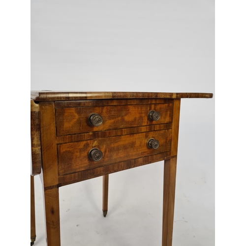 13 - AN EDWARDIAN SATINWOOD AND WALNUT DROP LEAF WORK TABLE WITH TWO DRAWERS, TWO FREIZE DRAWERS, CIRCULA... 