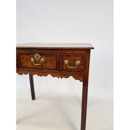 20 - AN ELEGANT GEORGIAN INLAID OAK HALL TABLE WITH TWO SHORT AND ONE LONG DRAWER, BRASS SWAN NECK HANDLE... 