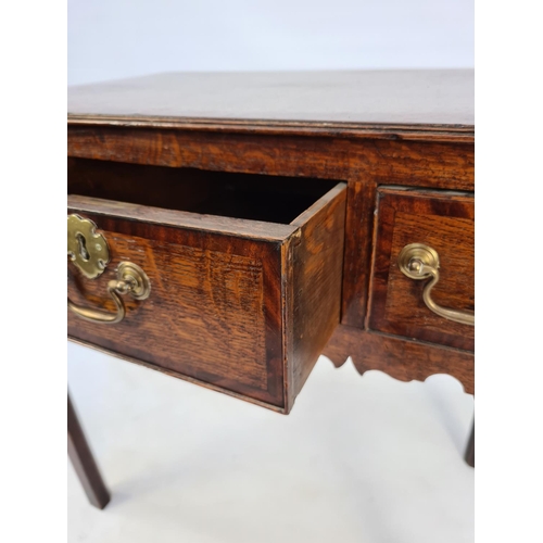 20 - AN ELEGANT GEORGIAN INLAID OAK HALL TABLE WITH TWO SHORT AND ONE LONG DRAWER, BRASS SWAN NECK HANDLE... 