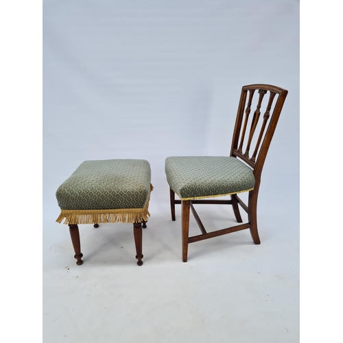 43 - AN EDWARDIAN OAK FRAMED SIDE CHAIR WITH WHEATSHEAF SLATTED BACK, TURQUOISE UPHOLSTERED SEAT AND TAPE... 