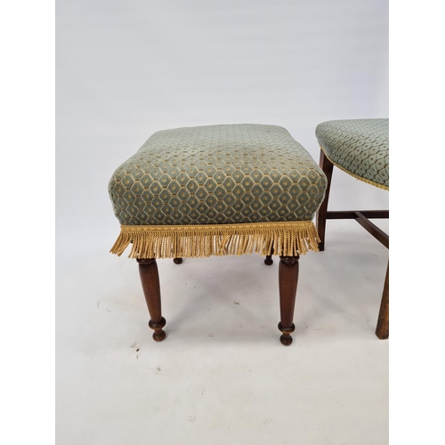 43 - AN EDWARDIAN OAK FRAMED SIDE CHAIR WITH WHEATSHEAF SLATTED BACK, TURQUOISE UPHOLSTERED SEAT AND TAPE... 