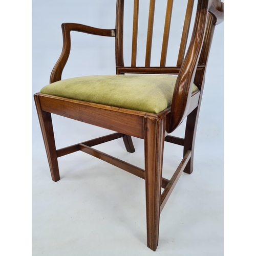 15 - A GEORGIAN MAHOGANY FRAMED ELBOW CARVER CHAIR WITH SLATTED AND ARCHED BACK, TAPERED SUPPORTS, LOWER ... 