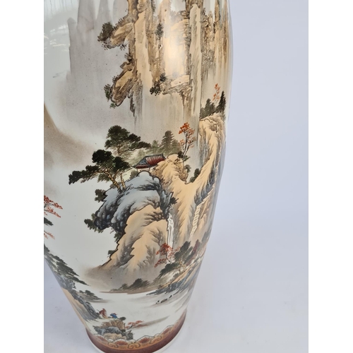 28 - A PAIR OF IMPRESSIVE ANTIQUE STYLE CHINESE HAND PAINTED CERAMIC VASES WITH MOUNTAINOUS LANDSCAPE DES... 