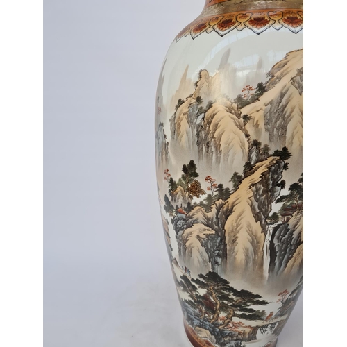 28 - A PAIR OF IMPRESSIVE ANTIQUE STYLE CHINESE HAND PAINTED CERAMIC VASES WITH MOUNTAINOUS LANDSCAPE DES... 