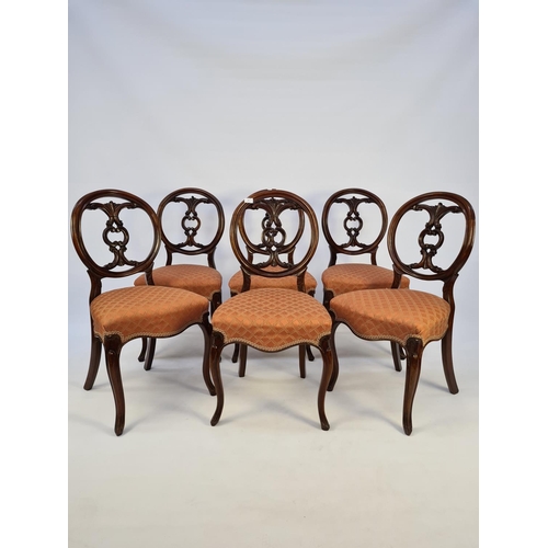 41 - A SET OF SIX VICTORIAN MAHOGANY FRAMED BALLOON BACKED DINING CHAIRS EACH WITH A SHAPED AND CARVED BA... 