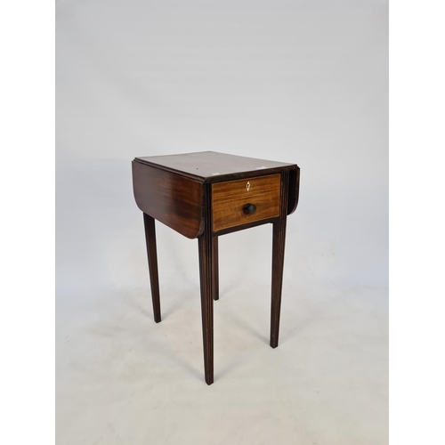 30 - AN ELEGANT GEORGIAN INLAID MAHOGANY DROP LEAF WORK TABLE SUPPORTED ON TAPERED CORINTHIAN LEGS WITH S... 