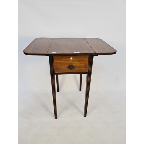 30 - AN ELEGANT GEORGIAN INLAID MAHOGANY DROP LEAF WORK TABLE SUPPORTED ON TAPERED CORINTHIAN LEGS WITH S... 