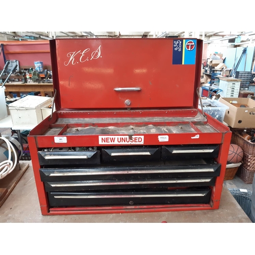 385 - A RED AND BLACK METAL TOOL TOP BOX CONTAINING PLIERS, ELECTRICAL CRIMPING TOOL, DRILL BITS, ALLEN KE... 