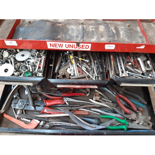 385 - A RED AND BLACK METAL TOOL TOP BOX CONTAINING PLIERS, ELECTRICAL CRIMPING TOOL, DRILL BITS, ALLEN KE... 