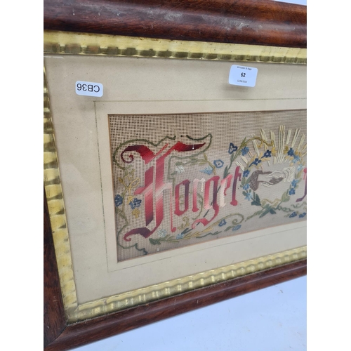 62 - A 19TH CENTURY OAK FRAMED FORGET ME NOT SAMPLER