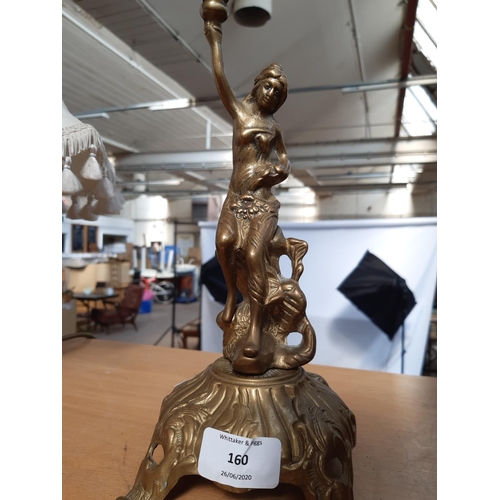 160 - A VINTAGE BRASS FIVE BRANCH CANDELABRA WITH SEATED LADY COLUMN AND DECORATIVE ROCOCO STYLE BASE