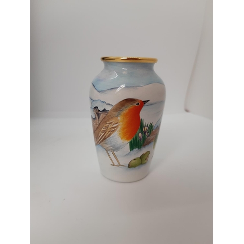 163 - A BOXED MOORCROFT LIMITED EDITION 32 OF 50 MINIATURE ENAMEL VASE WITH ROBIN IN SNOW SCENE DECORATION