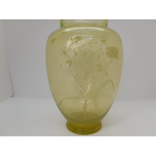 170 - A VICTORIAN GREEN URANIUM GLASS VASE WITH TUBE LINED DANDELION AND DRAGONFLY DECORATION - MEASURING ... 