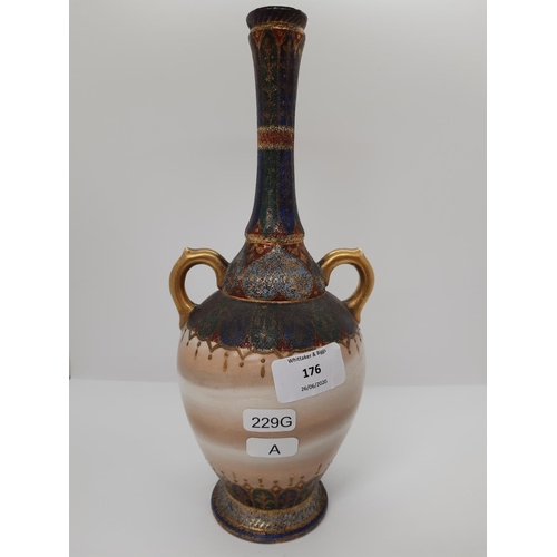 176 - A JAPANESE INFLUENCED ENGLISH CERAMIC TWO HANDLED TULIP VASE WITH HAND PAINTED DECORATION - MEASURIN... 