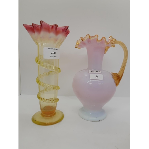 190 - TWO PIECES OF VICTORIAN GLASS WARE TO INCLUDE A VASELINE GLASS VASE WITH TWISTED DESIGN TOGETHER WIT... 