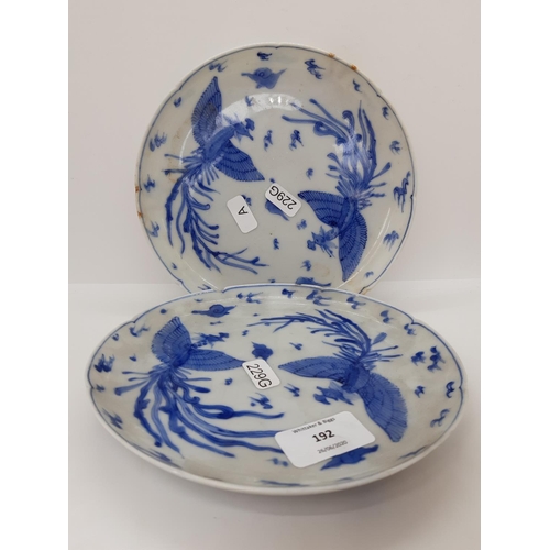 192 - A PAIR OF EARLY 20TH CENTURY CHINESE PLATES WITH STYLISED PEACOCK DESIGN AND SIX CHARACTER MARKED BA... 