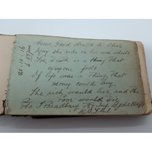 76 - A UNIQUE WW1 PERIOD AUTOGRAPH ALBUM CONTAINING PERSONAL MESSAGES, GREETINGS, JOKES, SKETCHES AND MUS... 