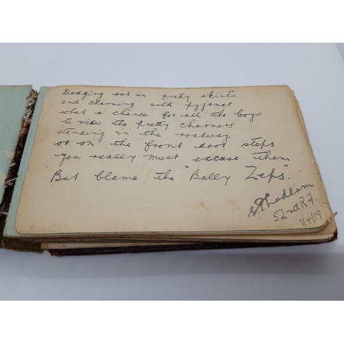 76 - A UNIQUE WW1 PERIOD AUTOGRAPH ALBUM CONTAINING PERSONAL MESSAGES, GREETINGS, JOKES, SKETCHES AND MUS... 