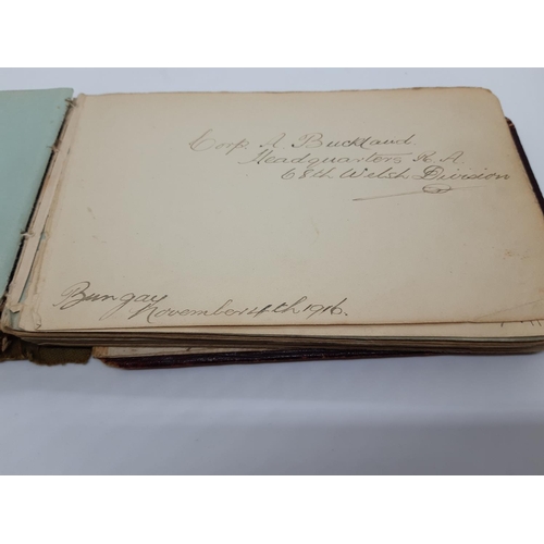 76 - A UNIQUE WW1 PERIOD AUTOGRAPH ALBUM CONTAINING PERSONAL MESSAGES, GREETINGS, JOKES, SKETCHES AND MUS... 