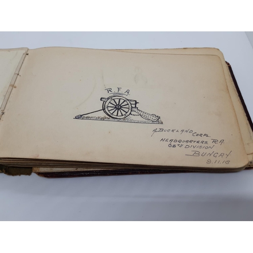 76 - A UNIQUE WW1 PERIOD AUTOGRAPH ALBUM CONTAINING PERSONAL MESSAGES, GREETINGS, JOKES, SKETCHES AND MUS... 