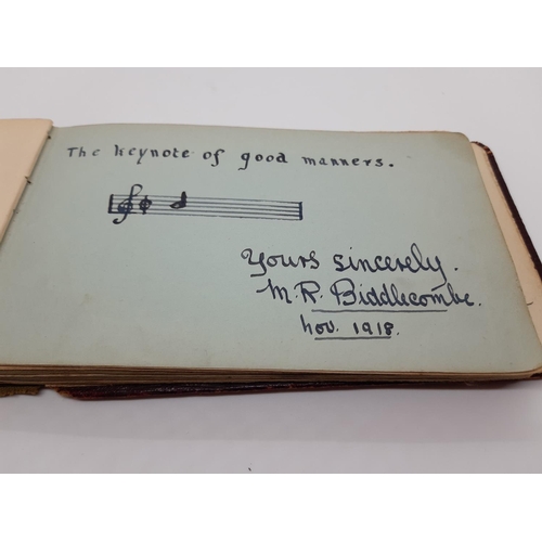 76 - A UNIQUE WW1 PERIOD AUTOGRAPH ALBUM CONTAINING PERSONAL MESSAGES, GREETINGS, JOKES, SKETCHES AND MUS... 