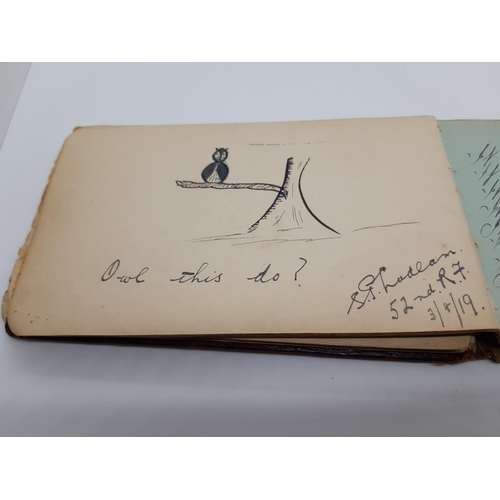 76 - A UNIQUE WW1 PERIOD AUTOGRAPH ALBUM CONTAINING PERSONAL MESSAGES, GREETINGS, JOKES, SKETCHES AND MUS... 