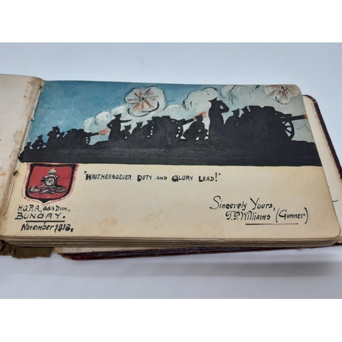 76 - A UNIQUE WW1 PERIOD AUTOGRAPH ALBUM CONTAINING PERSONAL MESSAGES, GREETINGS, JOKES, SKETCHES AND MUS... 