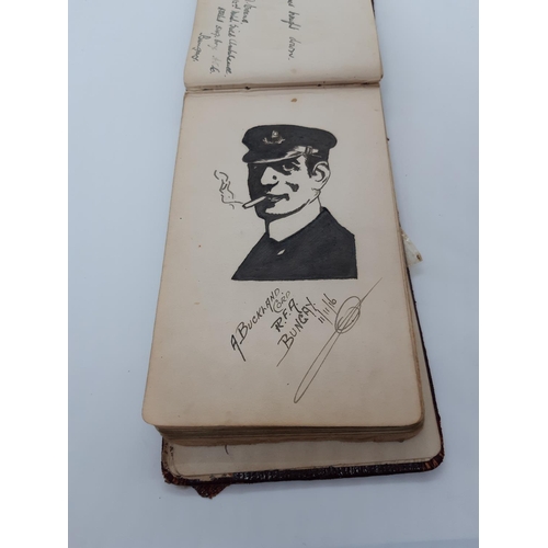 76 - A UNIQUE WW1 PERIOD AUTOGRAPH ALBUM CONTAINING PERSONAL MESSAGES, GREETINGS, JOKES, SKETCHES AND MUS... 