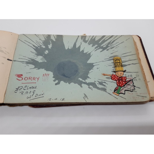 76 - A UNIQUE WW1 PERIOD AUTOGRAPH ALBUM CONTAINING PERSONAL MESSAGES, GREETINGS, JOKES, SKETCHES AND MUS... 