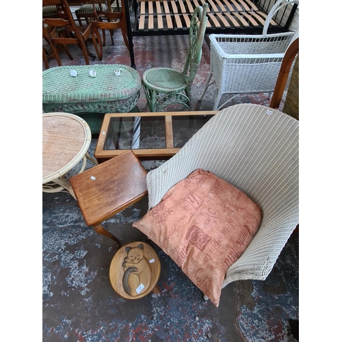 775 - FOUR ITEMS TO INCLUDE A LLOYD LOOM STYLE TUB CHAIR, VINTAGE OAK FRAMED RECTANGULAR COFFEE TABLE, CAR... 