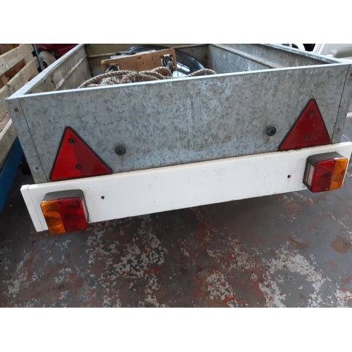 293 - A GALVANISED TWO WHEEL CAR TRAILER - MEASURING APPROX. 5' X 3' X 12